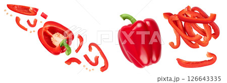 red sweet bell pepper with slices isolated on white background. Top view. Flat lay 126643335