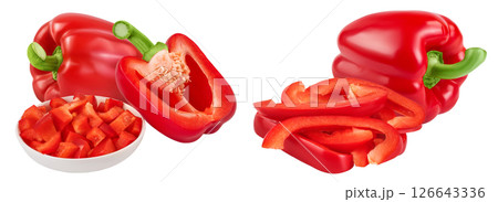 slices of red sweet bell pepper in ceramic bowl isolated on white background with full depth of field 126643336