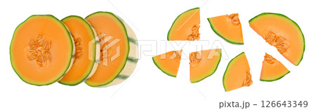 Cantaloupe melon isolated on white background with full depth of field. Top view. Flat lay 126643349