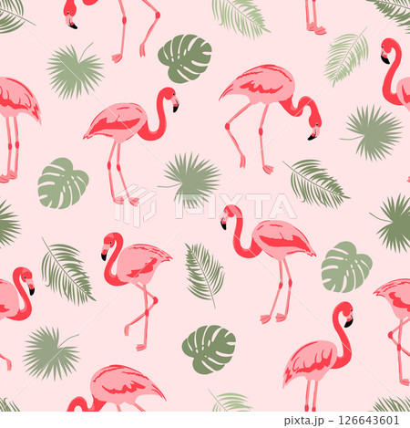 Seamless flamingo bird pattern. Vector tropical background with flamingos and leaves Seamless flamingo bird pattern. Vector tropical background with flamingos and leaves 126643601