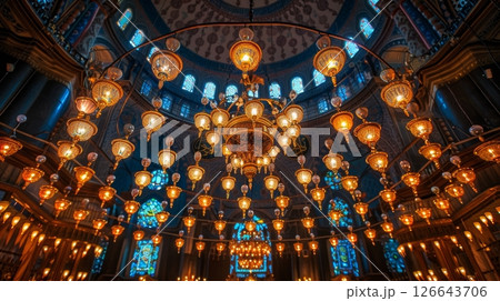 Magnificent Interior of a Mosque Domed Ceiling, Ornate Chandeliers, and Stained Glass Windows Magnificent Interior of a Mosque Domed Ceiling, Ornate Chandeliers, and Stained Glass Windows 126643706