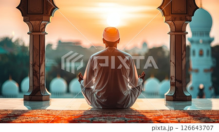 Spiritual serenity., muslim praying in mosque during ramadan. peace faith,islam,religion,belief. 126643707