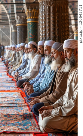 Muslim Men Praying In Mosque, Peaceful Atmosphere Faith Congregational During Ramadan 126643711
