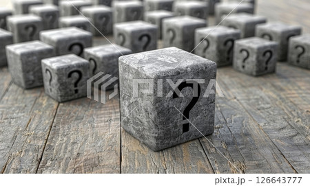 Question Mark Blocks An abstract background with many small and one large concrete question mark. 126643777