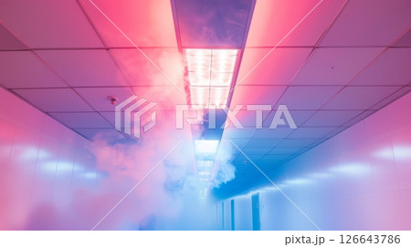 Neon Smoke Filling Corridor, Evacuation, Safety Systems Test, Fire, Emergency Services Response 126643786
