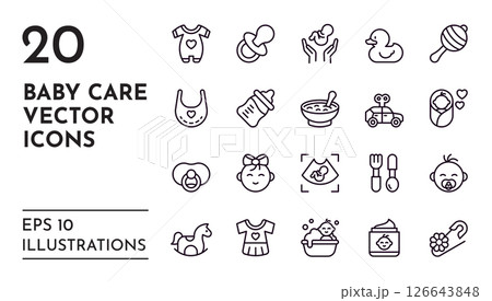 Kids icon. Baby care logo. Toddler line symbol. Children toy and clothing. Newborn boy or girl faces. Mother pregnancy. Infant childhood. Diaper and bodysuit. Vector pictograms set 126643848