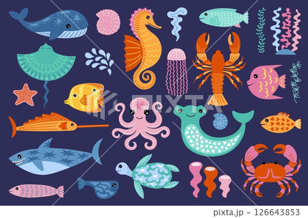 Cute sea animals. Underwater seahorse, jellyfish and octopus for summer kid, childish ocean or aquariums. Ocean baby pattern or print, marine creature. Vector cartoon flat illustration 126643853