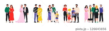 Happy family. Parent couple, pregnant mother and children life, smiling person, standing together characters, old woman and man, kid and mom group. Vector cartoon flat generation set 126643856