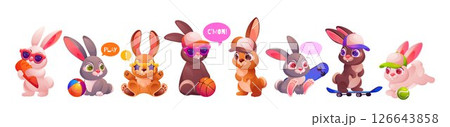 Baby bunny. Sport rabbit print with skateboard. Cute boy in sunglasses pattern. Cartoon hare with game ball. Basketball play. Fluffy mammal skater. Vector isolated animal characters set 126643858