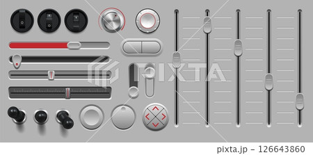 Volume button. 3D dial regulator. Music knob and slider. Sound switch. Realistic radio adjust. Amplifier control. Recorder panel. Multimedia player interface. Vector console indicators set Volume button. 3D dial regulator. Music knob and slider. Sound switch. Realistic radio adjust. Amplifier control. Recorder panel. Multimedia player interface. Vector console indicators set 126643860