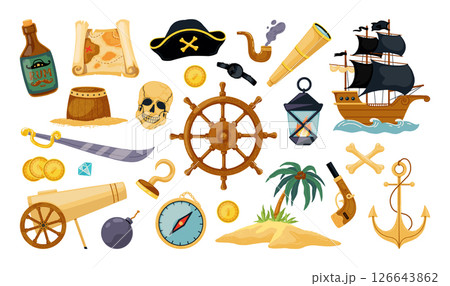 Pirate treasure. Children sailing ship. Captain hat. Wooden boat steering wheel. Scull with crossbones. Filibuster party. Island map. Chest box for golden coins. Vector corsair icons set 126643862
