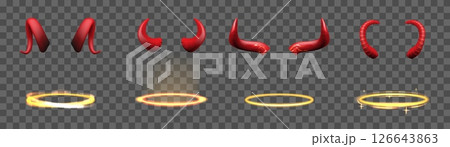 Angel halo and devil horn. 3d gold ring, red demon evil saint aureole, transparent glow. Satan carnival costume, golden glory circle, realistic attribute. Vector isolated set 126643863