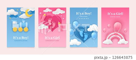 Kid background. Baby shower. Girl and boy birthday card. Toddler holiday. 3D sky balloon and train. Newborn child. Birth celebration. Cute pink and blue flyer. Vector design posters set 126643875