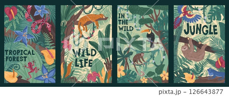 Abstract jungles. Tropic animal forest, abstract nature art posters with safari bird and doodle plant. Exotic palm and liana. Snake and cartoon jaguar. Print or pattern. Vector background Abstract jungles. Tropic animal forest, abstract nature art posters with safari bird and doodle plant. Exotic palm and liana. Snake and cartoon jaguar. Print or pattern. Vector background 126643877