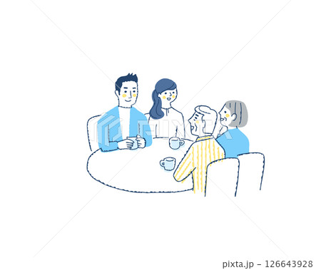 テーブルを囲んで話をしている4人 126643928
