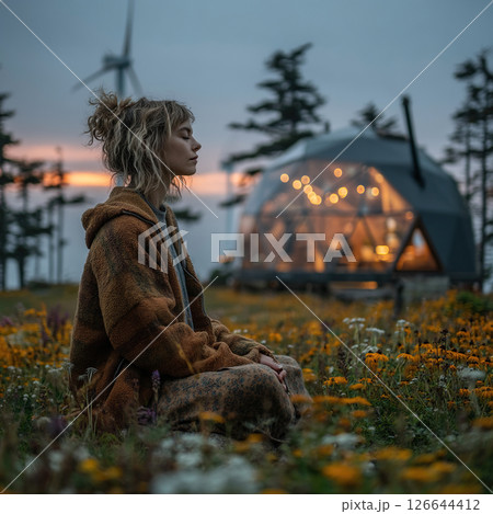 A serene woman finds peace through meditation in a field of wildflowers at sunset. 126644412