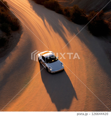 A sleek silver sports car cruises through the vast desert landscape at sunset, creating shadows. 126644420