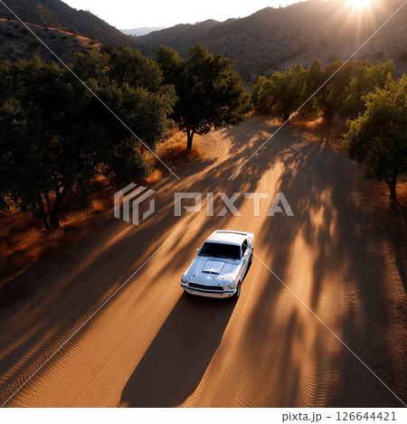 A pristine white vintage car speeding down a sun-drenched dirt road amid stunning natural landscape. 126644421