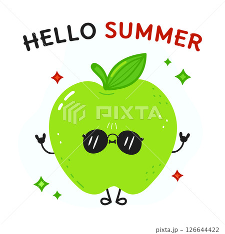 Green Apple character sporting sunglasses, flashing rock and roll hand sign with cheerful summer vibe 126644422