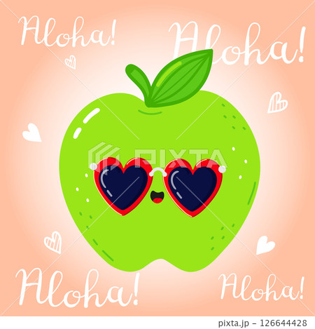 Kawaii Green Apple wearing heart shaped sunglasses saying aloha 126644428