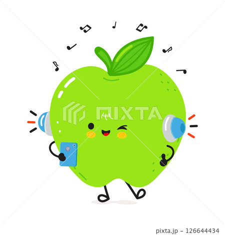 A happy Apple cartoon character enjoying music and holding his phone in his hand. A happy Apple cartoon character enjoying music and holding his phone in his hand. 126644434