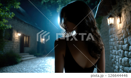 A woman in a black dress is seen from behind while walking along a cobblestone street at night. 126644446