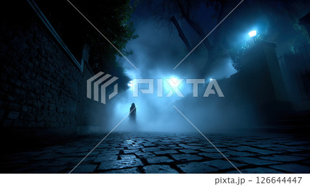 A mysterious figure emerges from the fog in a cobblestone alley during a haunting night. 126644447