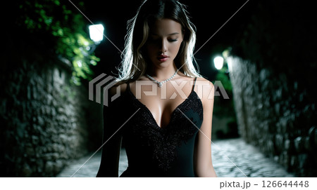 A stunning woman in a black dress walks down a cobblestone path at night with a diamond necklace. 126644448