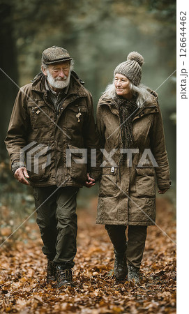 An elderly couple enjoys a peaceful autumn walk together in a beautiful forest setting. 126644462