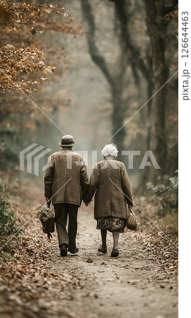 An elderly couple takes a romantic walk through a forest, holding hands in the autumn. An elderly couple takes a romantic walk through a forest, holding hands in the autumn. 126644463