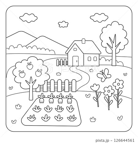 Сute childrens coloring book with house in mountains and garden. Doodle black outline of cartoon style landscape. Сute childrens coloring book with house in mountains and garden. Doodle black outline of cartoon style landscape. 126644561
