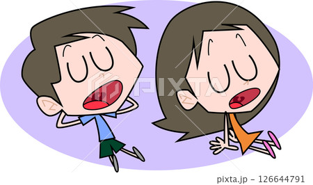 目を閉じ口を開けて上を向いている男女 目を閉じ口を開けて上を向いている男女 126644791