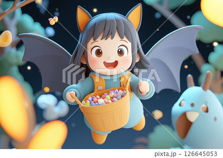 Adorable 3d render cute bat girl with candy basket on halloween night Adorable 3d render cute bat girl with candy basket on halloween night 126645053