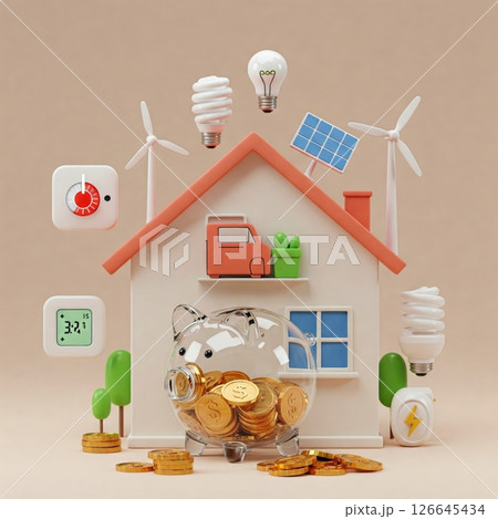 Eco-Friendly Home Savings with Renewable Energy and Piggy Bank 126645434