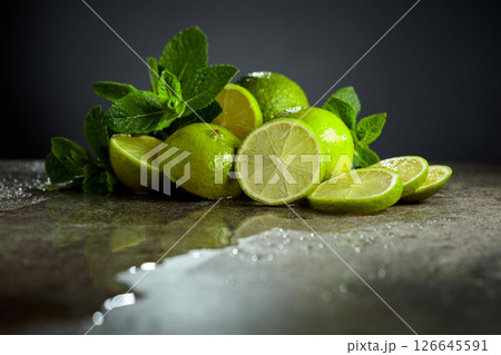 Lime slices and fresh mint branches on a stone table. Lime slices and fresh mint branches on a stone table. 126645591