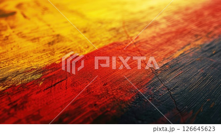 Abstract Belgian flag colors background with red, yellow and black paint strokes texture. Horizontal banner with copy space 126645623