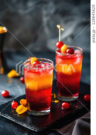Patriotic Belgian cocktail with red, yellow and black layers topped with cherries. Dark background for National Day, vertical banner Patriotic Belgian cocktail with red, yellow and black layers topped with cherries. Dark background for National Day, vertical banner 126645628