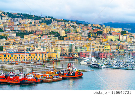 Colorful Hillside Cityscape and Marina in Genoa, Italy. View of Porto Antico 126645723