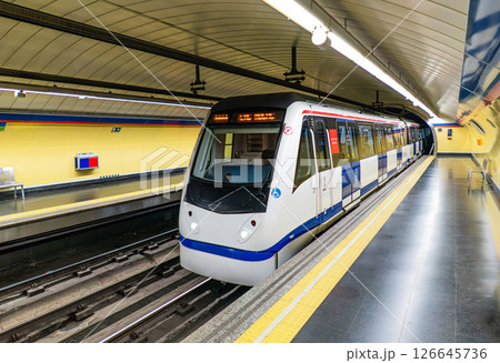Modern Metro Train at Underground Platform in Madrid, Spain Modern Metro Train at Underground Platform in Madrid, Spain 126645736