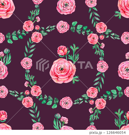Mothers Day pink peonies buttercup flowers with eucaluptus leaves watercolor seamless pattern on white. Floral garden roses repeat background for spring wedding design and fabrics Mothers Day pink peonies buttercup flowers with eucaluptus leaves watercolor seamless pattern on white. Floral garden roses repeat background for spring wedding design and fabrics 126646054