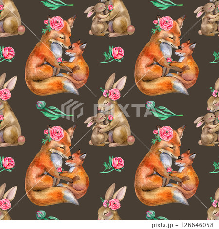 Seamless pattern with forest animals. Cute Mother's Day greeting card, fabric, wrapping paper, packing Seamless pattern with forest animals. Cute Mother's Day greeting card, fabric, wrapping paper, packing 126646058