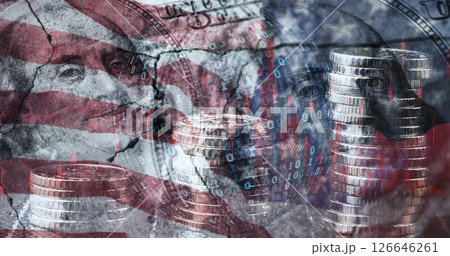 A conceptual image that superimposes elements of the US flag, dollars and binary code to symbolize economic or financial problems 126646261