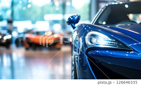 Headlights of a new blue sports car are shining in a car dealership showroom, with other luxury vehicles blurred in the background, creating a sense of exclusivity and high end automotive retail 126646335