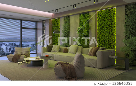 Living Room with Vertical Garden & Night View 126646353
