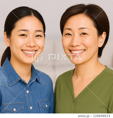 笑顔で並ぶ母娘の正面ポートレート・家族の絆と幸福感 笑顔で並ぶ母娘の正面ポートレート・家族の絆と幸福感 126646614