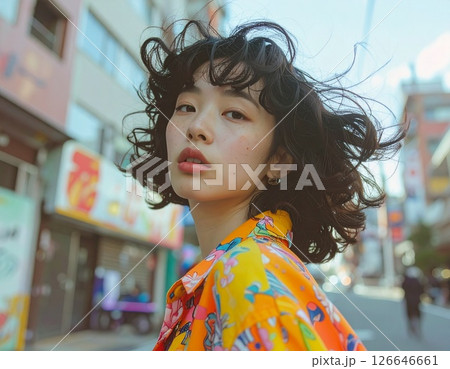 風に髪をなびかせる若い女性のポートレート・都会の街並みを背景にしたダイナミックな一瞬 126646661