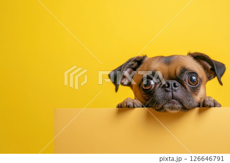 Dog peeking over yellow surface 126646791