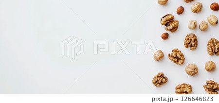 Diverse assortment of nuts on a plain background Diverse assortment of nuts on a plain background 126646823