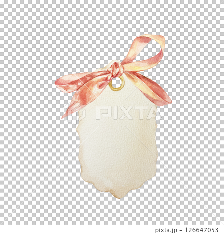 Paper gift tag with bow. Vintage label. Hand drawn watercolor illustration isolated on white. For birthday, valentines day, mothers day greeting cards, invitations, banners. 126647053