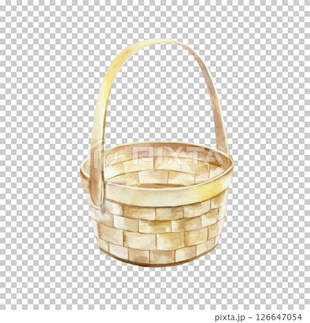 Wicker basket with handle. Hand drawn watercolor illustration isolated on white. For postcards, invitations, summer banners, design element of bouquets, berries, fruits. Wicker basket with handle. Hand drawn watercolor illustration isolated on white. For postcards, invitations, summer banners, design element of bouquets, berries, fruits. 126647054